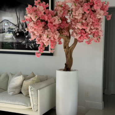 Matte White St. Tropez Planter with Custom Made Pink Cherry Blossom Tree