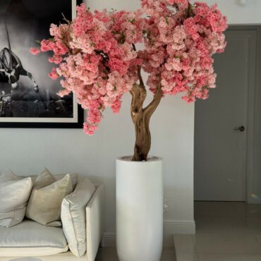 Matte White St. Tropez Planter with Custom Made Pink Cherry Blossom Tree