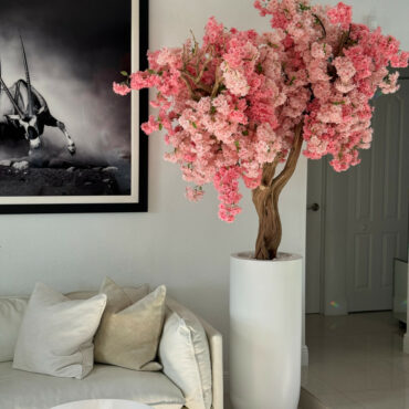 Matte White St. Tropez Planter with Custom Made Pink Cherry Blossom Tree