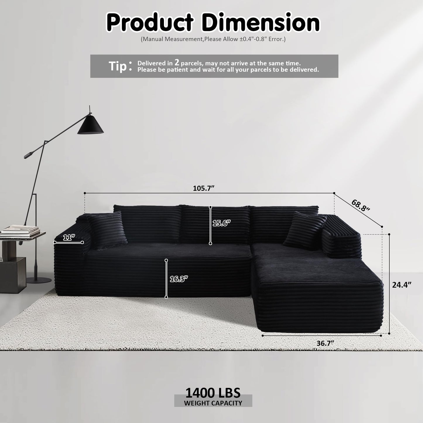 104" / 265CM L-Shape Modular Couch with Chaise, No Assembly Required