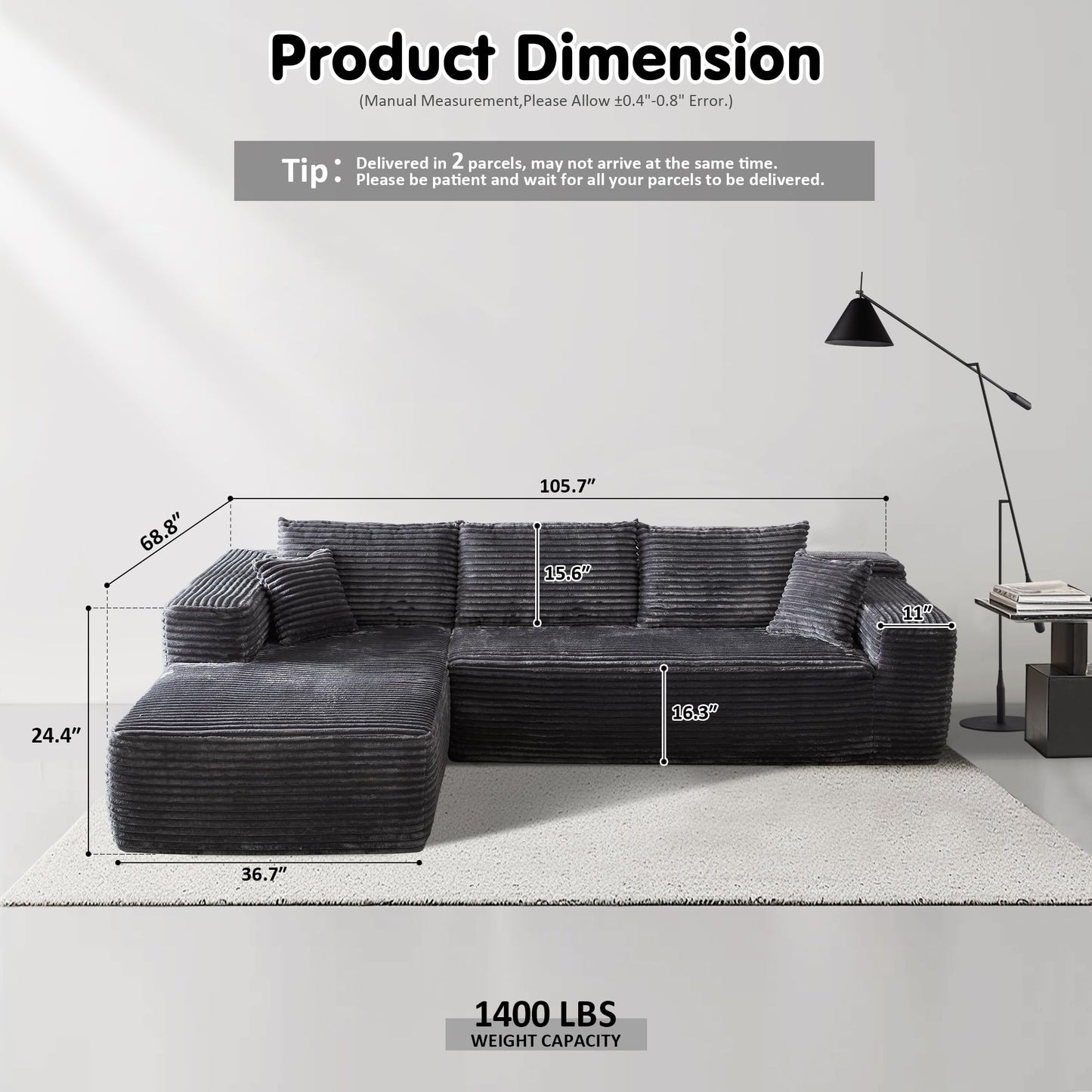 104" / 265CM L-Shape Modular Couch with Chaise, No Assembly Required