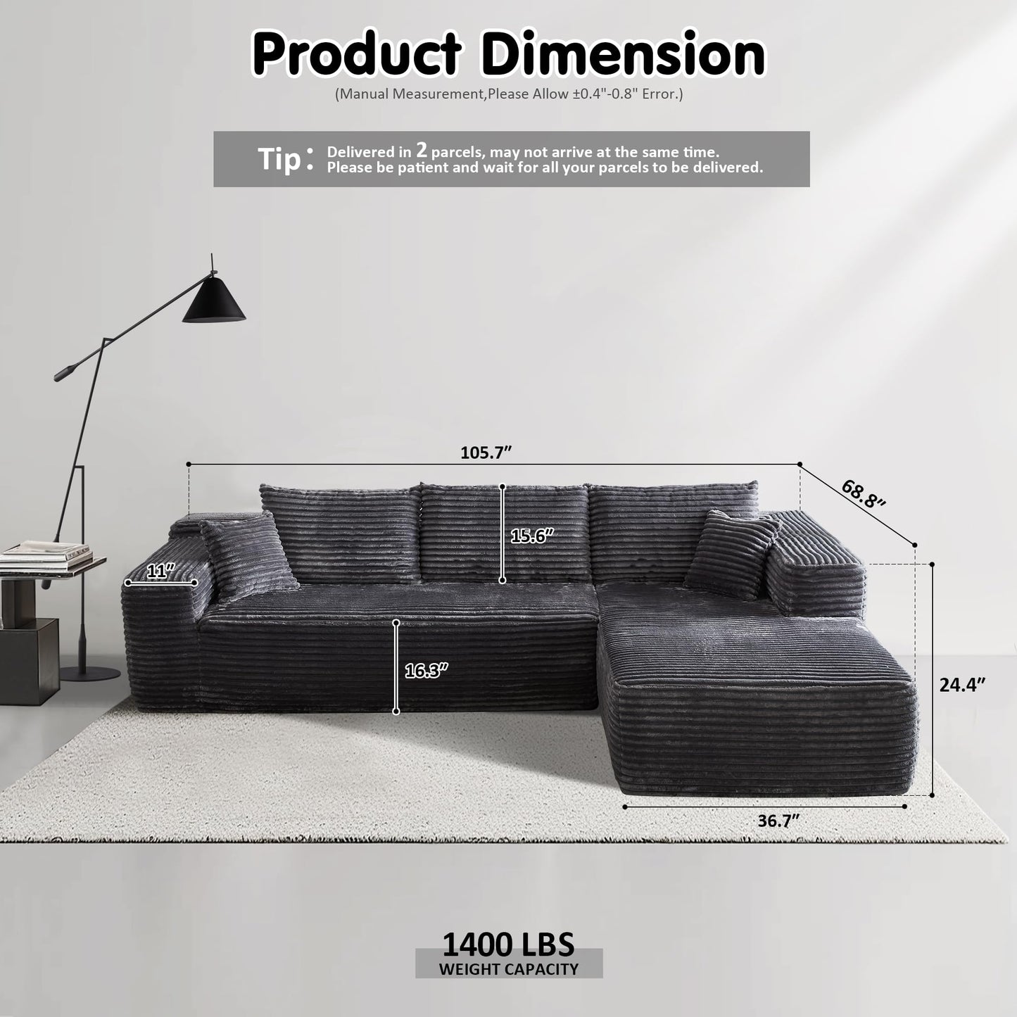 104" / 265CM L-Shape Modular Couch with Chaise, No Assembly Required