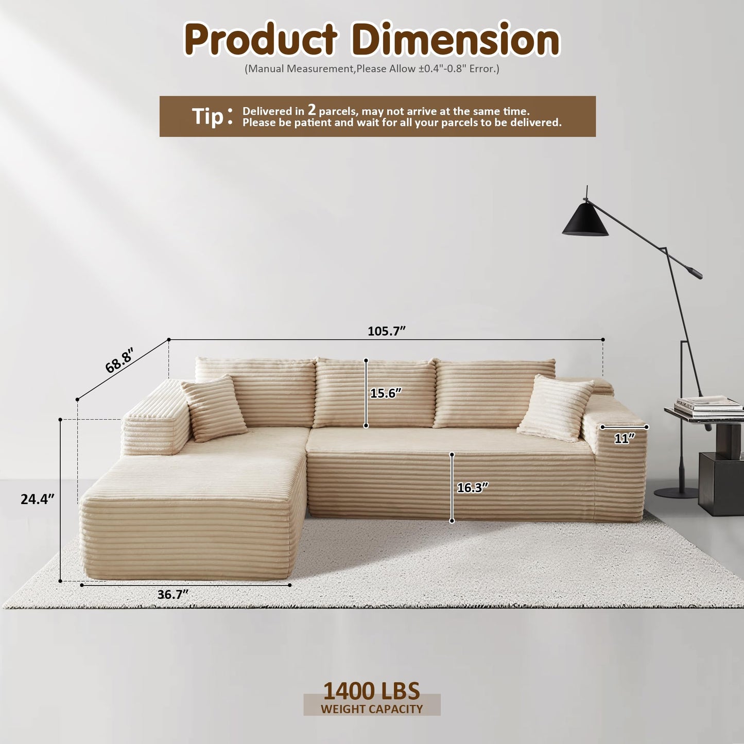 104" / 265CM L-Shape Modular Couch with Chaise, No Assembly Required
