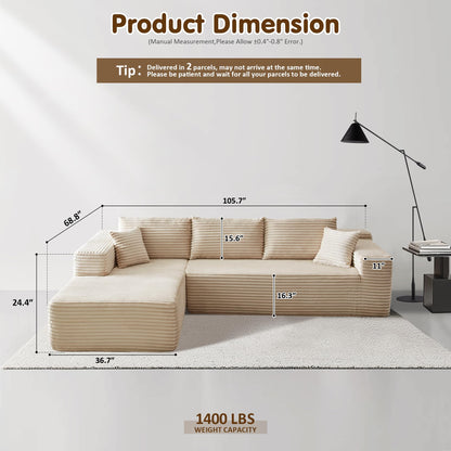104" / 265CM L-Shape Modular Couch with Chaise, No Assembly Required