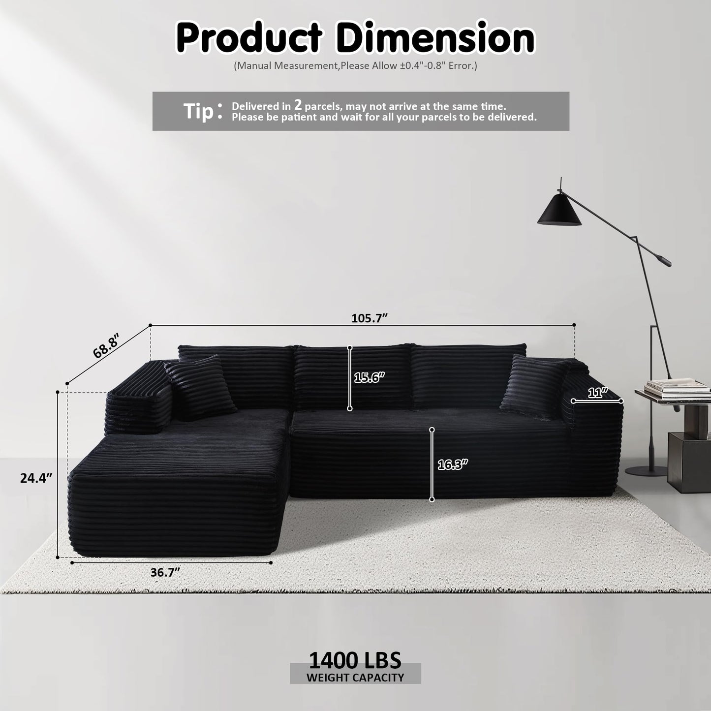 104" / 265CM L-Shape Modular Couch with Chaise, No Assembly Required