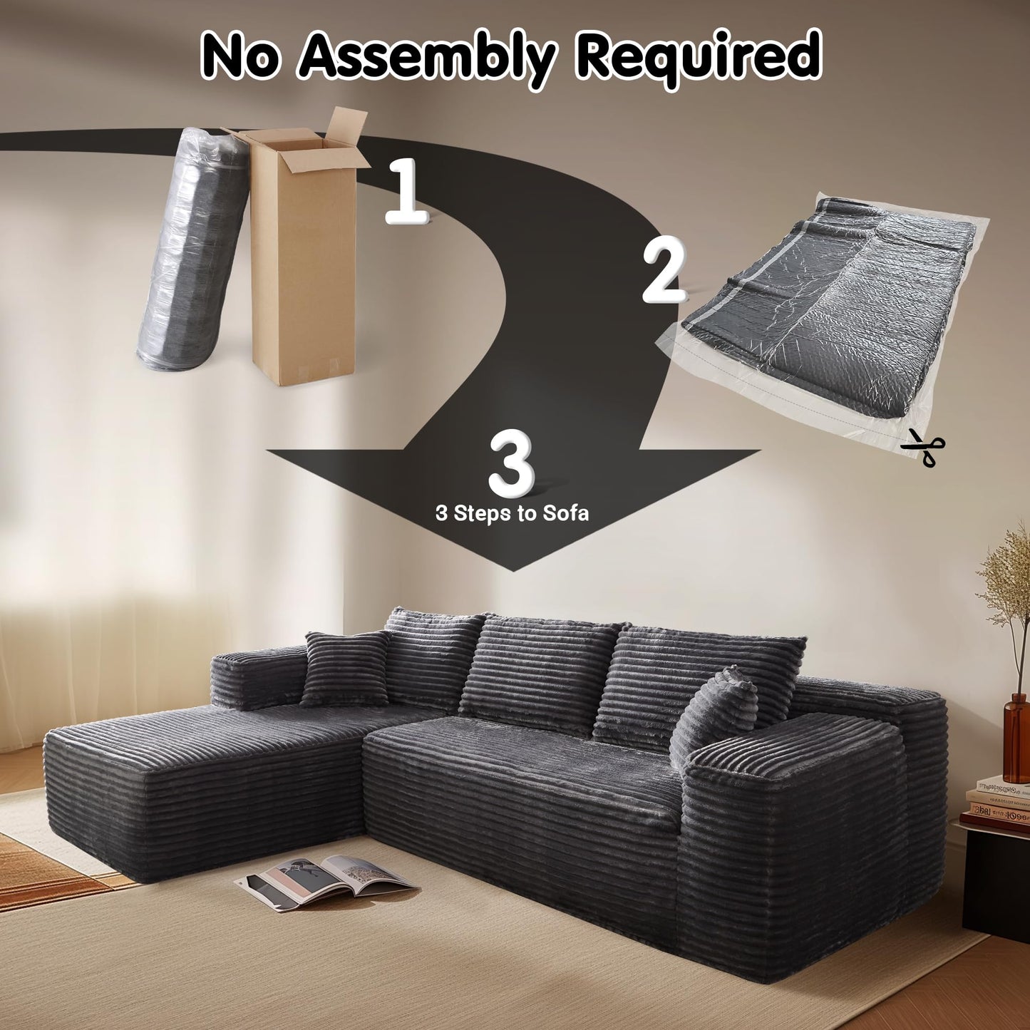 104" / 265CM L-Shape Modular Couch with Chaise, No Assembly Required