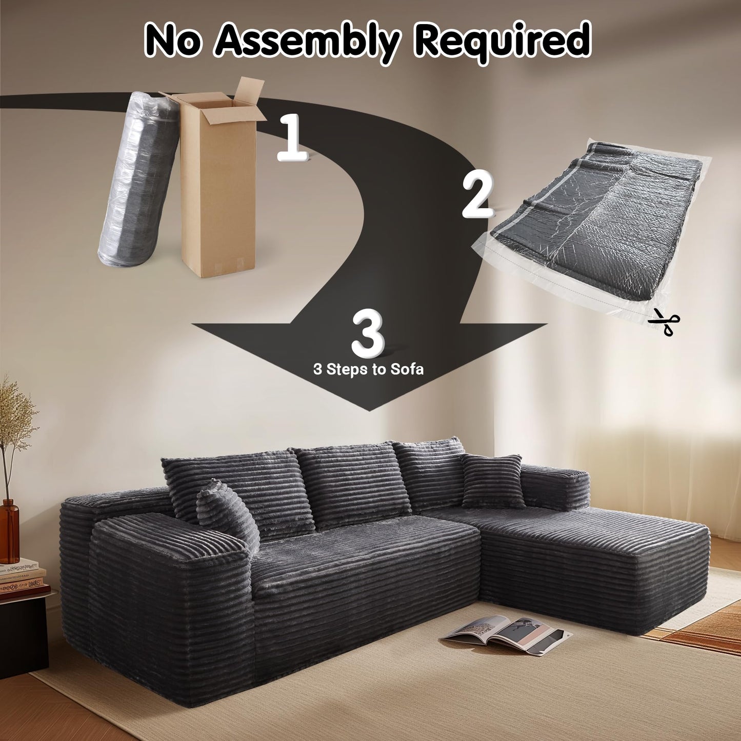 104" / 265CM L-Shape Modular Couch with Chaise, No Assembly Required