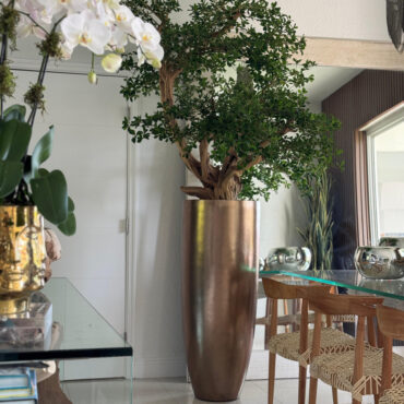 Artificial Black Olive Bonsai Tree in Gold Revolver Planter